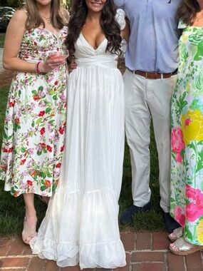 Mac Duggal White Flutter Sleeve Cutout Maxi Gown
